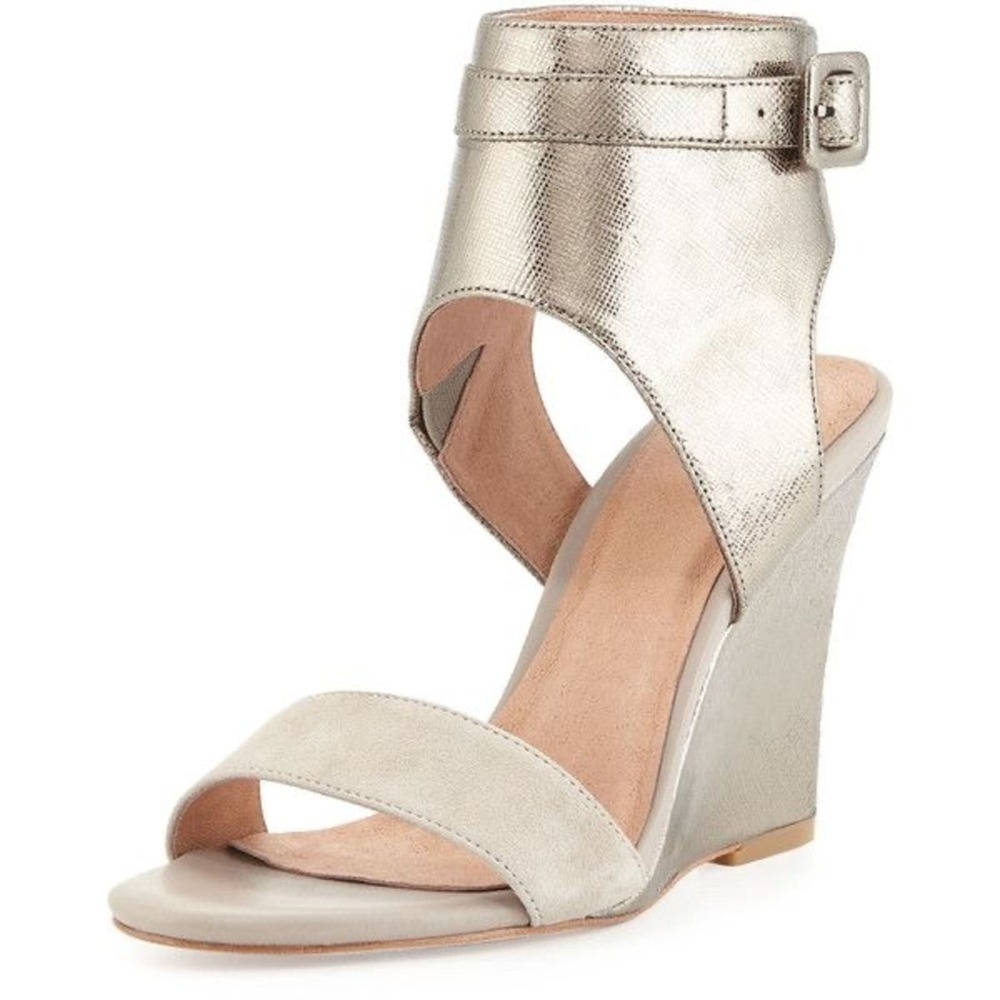 Joie Waylen Ankle Leather Buckle Strap Wedge Metalic SZ.39
